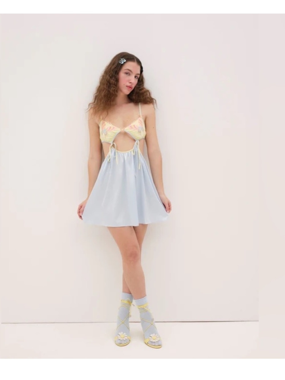 NWT For Love & Lemons Pastel Papillon Blue Yellow Slip Dress XL